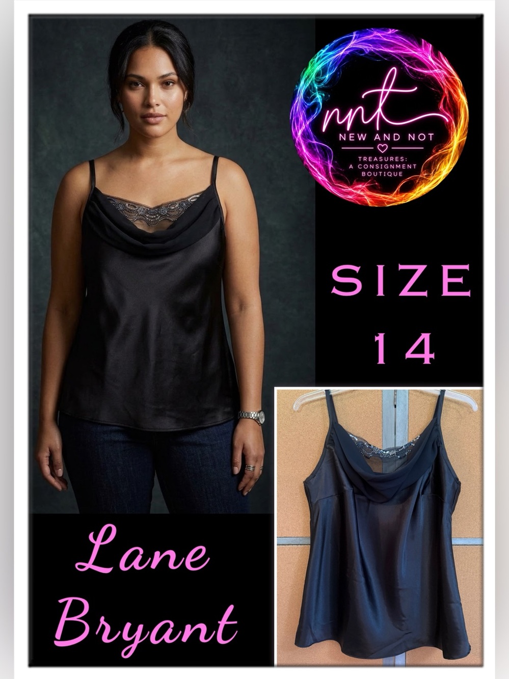 Lane Bryant Black Satin Cowl Neck Camisole with Lace Insert